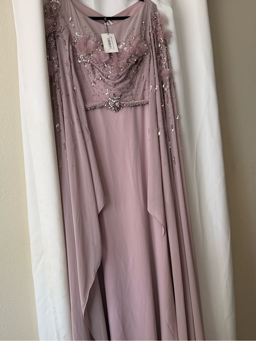 Terani Couture Dusty Mauve Beaded Long-Sleeve Gown with Draped Cape